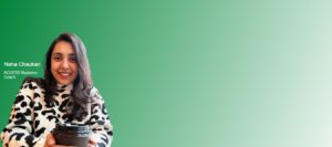 Header image of ACCESS Volunteer Neha Chaukan over a green background